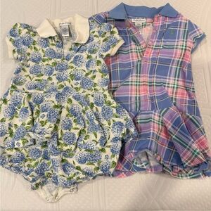 Ralph Lauren Girls Floral Hydrangea Romper & Plaid Polo Dress - Blue/Pink/White